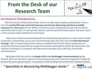 From the Desk of our
Research Team
Dear Members of Multibagger Service,
With the election of New Government, most of our Bets have moved up substantially. In fact, a
lot of the quality Mid-Caps and Small-Caps have moved from depressing valuations to bubble
valuations in a short span of time. While a lot of these names are good businesses that can deliver
substantial returns over a 5+ year period, Investors need not put incremental capital into these stocks
as the valuations looks stretched at current levels.
Most of our Stocks have performed well from both Business perspective as well as Stock market
perspective. Incrementally, we are only recommending stocks that have a lot of in-built Operational
Leverage. With an upcoming Economic revival, we believe that the best returns would accrue to
companies that have assets built up already and would be sweating them better during this time. We
continue to be buyers in companies with Operational Leverage such as DB Corp, Coromandel
International etc.
We believe that there will be a strategic shift in our Multibagger recommendations going
forward. While we have been majorly recommending quality Small Caps with long growth runways for
the past few years, going forward – we would be recommending more stocks from a Quality Cyclicals
,
“ Specialists in discovering Multibagger stocks “
 