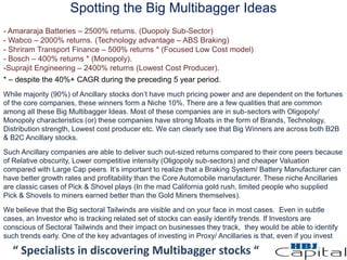 Spotting the Big Multibagger Ideas
“ Specialists in discovering Multibagger stocks “
- Amararaja Batteries – 2500% returns. (Duopoly Sub-Sector)
- Wabco – 2000% returns. (Technology advantage – ABS Braking)
- Shriram Transport Finance – 500% returns * (Focused Low Cost model)
- Bosch – 400% returns * (Monopoly).
-Suprajit Engineering – 2400% returns (Lowest Cost Producer).
* – despite the 40%+ CAGR during the preceding 5 year period.
While majority (90%) of Ancillary stocks don’t have much pricing power and are dependent on the fortunes
of the core companies, these winners form a Niche 10%. There are a few qualities that are common
among all these Big Multibagger Ideas. Most of these companies are in sub-sectors with Oligopoly/
Monopoly characteristics (or) these companies have strong Moats in the form of Brands, Technology,
Distribution strength, Lowest cost producer etc. We can clearly see that Big Winners are across both B2B
& B2C Ancillary stocks.
Such Ancillary companies are able to deliver such out-sized returns compared to their core peers because
of Relative obscurity, Lower competitive intensity (Oligopoly sub-sectors) and cheaper Valuation
compared with Large Cap peers. It’s important to realize that a Braking System/ Battery Manufacturer can
have better growth rates and profitability than the Core Automobile manufacturer. These niche Ancillaries
are classic cases of Pick & Shovel plays (In the mad California gold rush, limited people who supplied
Pick & Shovels to miners earned better than the Gold Miners themselves).
We believe that the Big sectoral Tailwinds are visible and on your face in most cases. Even in subtle
cases, an Investor who is tracking related set of stocks can easily identify trends. If Investors are
conscious of Sectoral Tailwinds and their impact on businesses they track, they would be able to identify
such trends early. One of the key advantages of investing in Proxy/ Ancillaries is that, even if you invest
 