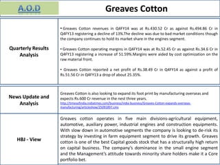 Greaves Cotton
News Update and
Analysis
HBJ - View
Quarterly Results
Analysis
• Greaves Cotton revenues in Q4FY14 was at Rs.430.52 Cr as against Rs.494.86 Cr in
Q4FY13 registering a decline of 13%.The decline was due to bad market conditions though
the company continues to hold its market share in the engines segment.
• Greaves Cotton operating margins in Q4FY14 was at Rs.52.45 Cr as against Rs.34.6 Cr in
Q4FY13 registering a increase of 51.59%.Margins were aided by cost optimization on the
raw material front.
• Greaves Cotton reported a net profit of Rs.38.49 Cr in Q4FY14 as against a profit of
Rs.51.56 Cr in Q4FY13 a drop of about 25.35%.
Greaves Cotton is also looking to expand its foot print by manufacturing overseas and
expects Rs.600 Cr revenue in the nest three years.
http://timesofindia.indiatimes.com/business/india-business/Greaves-Cotton-expands-overseas-
manufacturing/articleshow/25091897.cms
Greaves cotton operates in five main divisions-agricultural equipment,
automotive, auxiliary power, industrial engines and construction equipments.
With slow down in automotive segments the company is looking to de-risk its
strategy by investing in farm equipment segment to drive its growth. Greaves
cotton is one of the best Capital goods stock that has a structurally high return
on capital business. The company’s dominance in the small engine segment
and the Management’s attitude towards minority share holders make it a Core
portfolio bet.
 