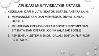 APLIKASI MULTIVIBRATOR BISTABIL
KEGUNAAN DARI MULTIVIBRATOR BISTABIL ANTARA LAIN:
1. MEMBANGKITKAN DAN MEMPROSES SINYAL-SINYAL
DENYUT.
2. MELAKUKAN OPERASI-OPERASI SEPERTI PENYIMPANAN
BIT DATA DAN OPERASI LOGIKA (ALJABAR BOOLE)
3. PEMBENTUK SISTEM MEMORI DALAM BENTUK FLIP-FLOP
RS ATAU JK.
 