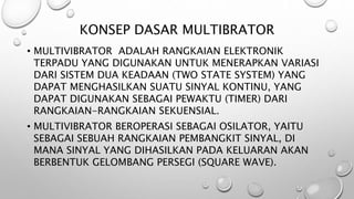 KONSEP DASAR MULTIBRATOR
• MULTIVIBRATOR ADALAH RANGKAIAN ELEKTRONIK
TERPADU YANG DIGUNAKAN UNTUK MENERAPKAN VARIASI
DARI SISTEM DUA KEADAAN (TWO STATE SYSTEM) YANG
DAPAT MENGHASILKAN SUATU SINYAL KONTINU, YANG
DAPAT DIGUNAKAN SEBAGAI PEWAKTU (TIMER) DARI
RANGKAIAN-RANGKAIAN SEKUENSIAL.
• MULTIVIBRATOR BEROPERASI SEBAGAI OSILATOR, YAITU
SEBAGAI SEBUAH RANGKAIAN PEMBANGKIT SINYAL, DI
MANA SINYAL YANG DIHASILKAN PADA KELUARAN AKAN
BERBENTUK GELOMBANG PERSEGI (SQUARE WAVE).
 