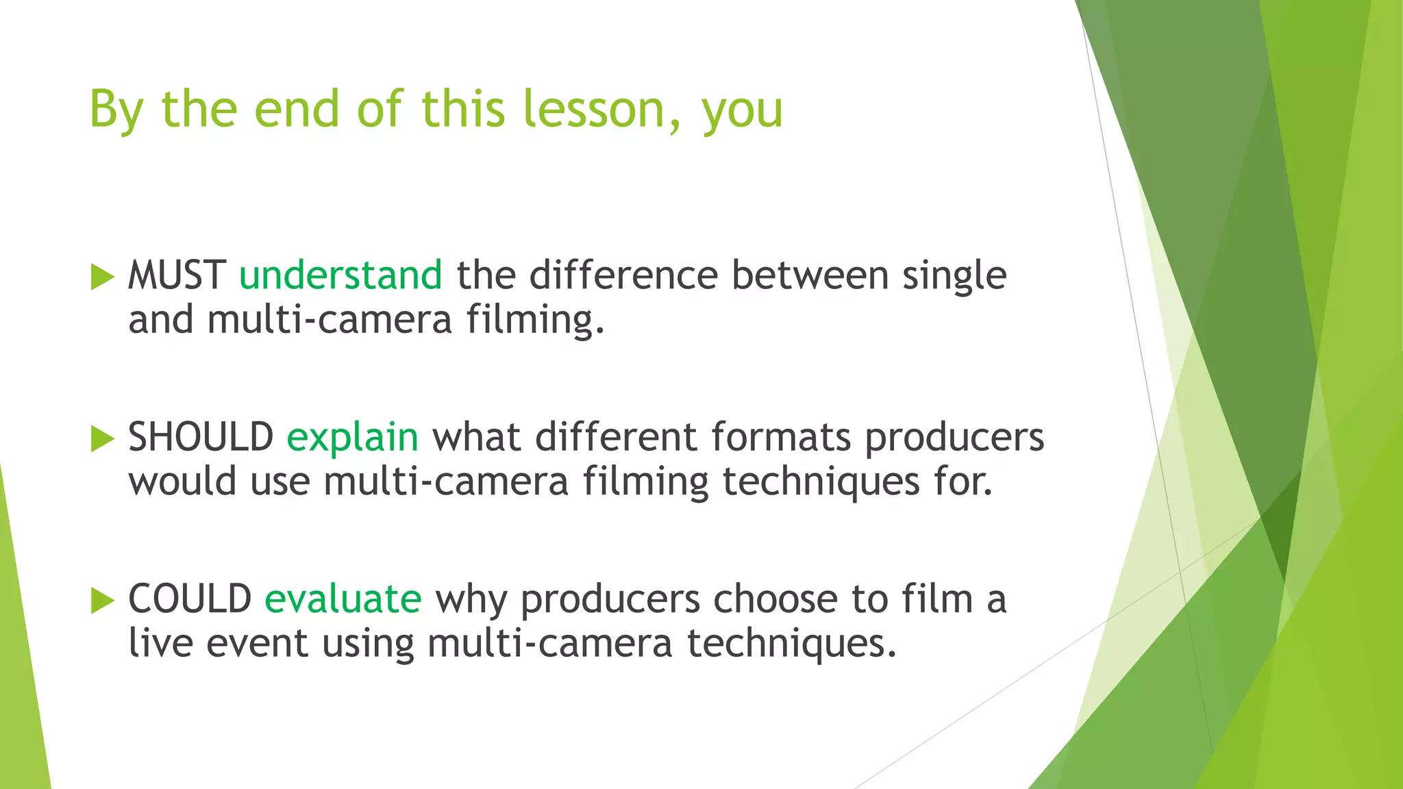 By the end of this lesson, you
 MUST understand the difference between single
and multi-camera filming.
 SHOULD explain what different formats producers
would use multi-camera filming techniques for.
 COULD evaluate why producers choose to film a
live event using multi-camera techniques.
 