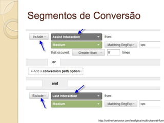Segmentos de Conversão




               http://online-behavior.com/analytics/multi-channel-funnels
 