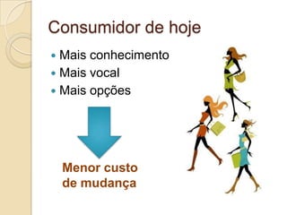 Consumidor de hoje
—  Mais conhecimento
—  Mais vocal
—  Mais opções




  Menor custo
  de mudança
 