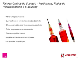 Fatores Críticos de Sucesso – Multicanais, Redes de
Relacionamento e E-detailing


 • Adotar uma postura aberta

 • Ouvir e alinhar-se com as necessidades do cliente

 • Oferecer conteúdos e serviços relevantes ao cliente

 • Testar progressivamente novos canais

 • Obter apoio político interno

 • Negociar face a realidade de compliance

 • Ter qualidade na execução




                                                         31
 