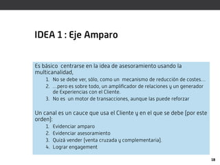 IDEA 1 : Eje Amparo


Es básico centrarse en la idea de asesoramiento usando la
multicanalidad,
    1. No se debe ver, sólo, como un mecanismo de reducción de costes…
    2. …pero es sobre todo, un amplificador de relaciones y un generador
       de Experiencias con el Cliente.
    3. No es un motor de transacciones, aunque las puede reforzar

Un canal es un cauce que usa el Cliente y en el que se debe (por este
orden):
    1.   Evidenciar amparo
    2.   Evidenciar asesoramiento
    3.   Quizá vender (venta cruzada y complementaria).
    4.   Lograr engagement

                                                                           18
 