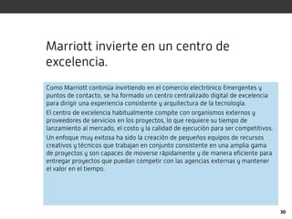 Marriott invierte en un centro de
excelencia.
Como Marriott continúa invirtiendo en el comercio electrónico Emergentes y
puntos de contacto, se ha formado un centro centralizado digital de excelencia
para dirigir una experiencia consistente y arquitectura de la tecnología.
El centro de excelencia habitualmente compite con organismos externos y
proveedores de servicios en los proyectos, lo que requiere su tiempo de
lanzamiento al mercado, el costo y la calidad de ejecución para ser competitivos.
Un enfoque muy exitosa ha sido la creación de pequeños equipos de recursos
creativos y técnicos que trabajan en conjunto consistente en una amplia gama
de proyectos y son capaces de moverse rápidamente y de manera eficiente para
entregar proyectos que puedan competir con las agencias externas y mantener
el valor en el tiempo.




                                                                                    30
 