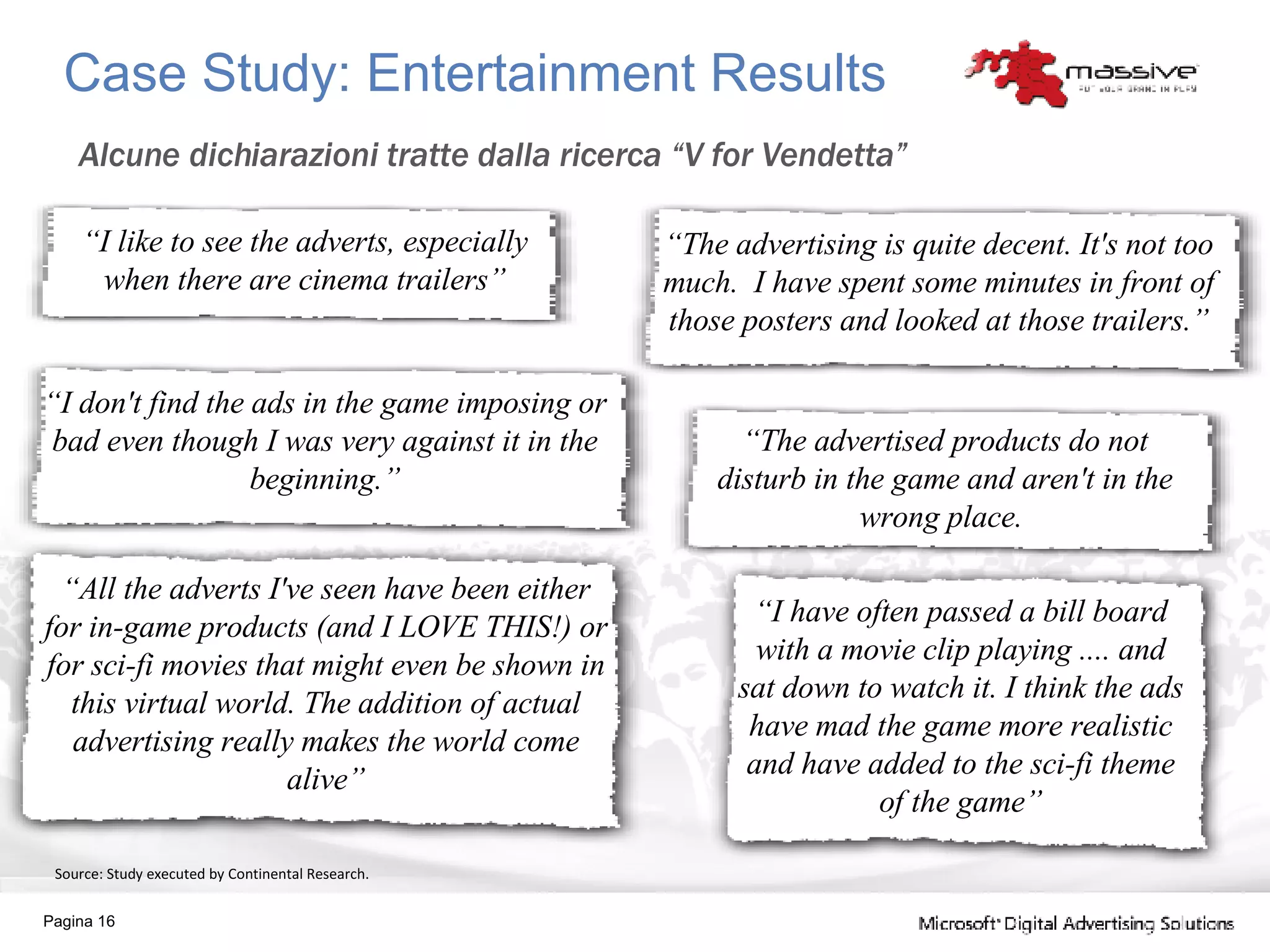 Case Study: Entertainment Results Alcune dichiarazioni tratte dalla ricerca “V for Vendetta” Source: Study executed by Continental Research. Pagina  “ I like to see the adverts, especially when there are cinema trailers” “ I don't find the ads in the game imposing or bad even though I was very against it in the beginning.” “ All the adverts I've seen have been either for in-game products (and I LOVE THIS!) or for sci-fi movies that might even be shown in this virtual world. The addition of actual advertising really makes the world come alive” “ The advertising is quite decent. It's not too much.  I have spent some minutes in front of those posters and looked at those trailers.” “ The advertised products do not disturb in the game and aren't in the wrong place.  “ I have often passed a bill board with a movie clip playing .... and sat down to watch it. I think the ads have mad the game more realistic and have added to the sci-fi theme of the game” 