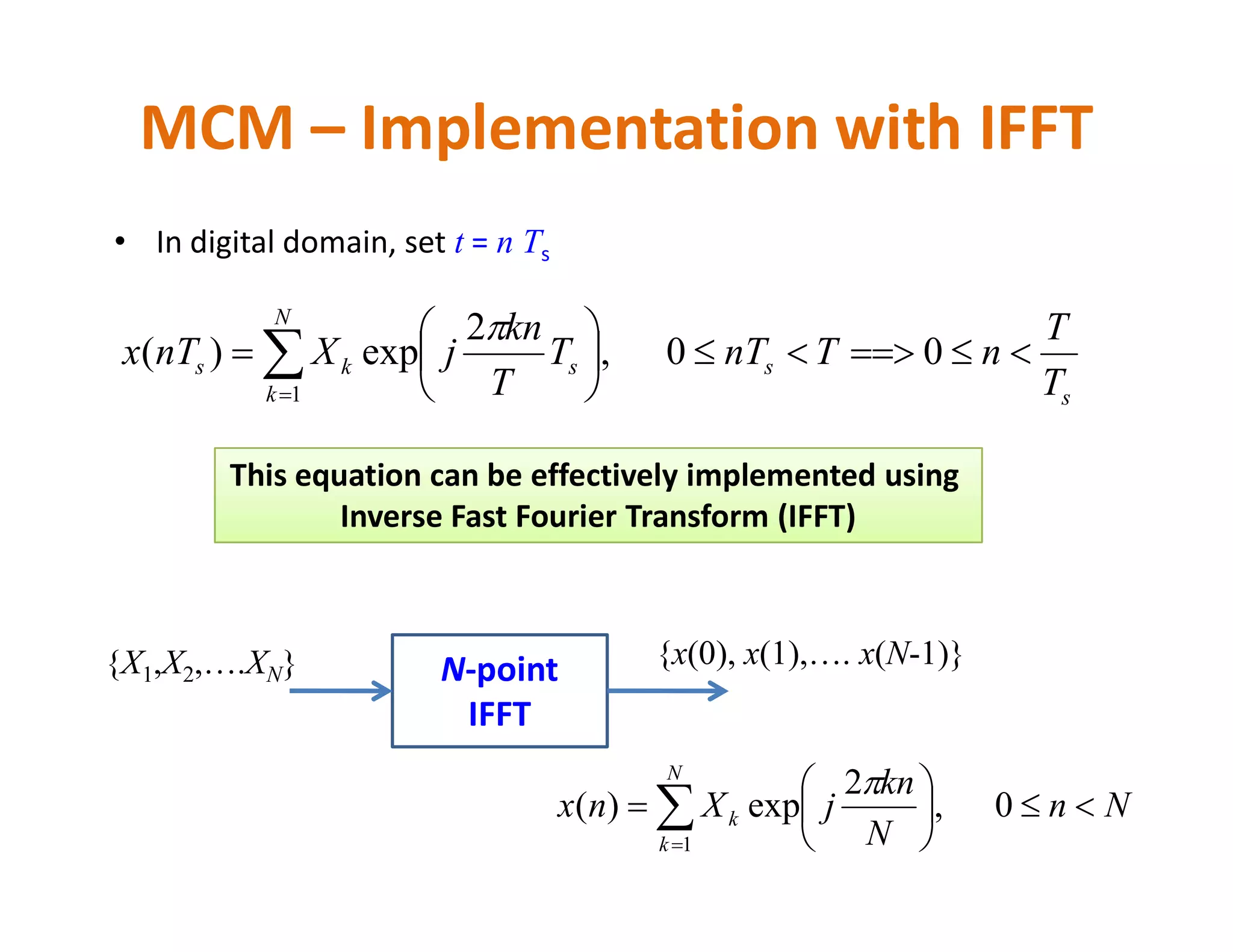 • In digital domain, set t = n Ts
MCM – Implementation with IFFT
s
s
N
k
sks
T
T
nTnTT
T
kn
jXnTx 





 
00,
2
exp)(
1

This equation can be effectively implemented usingThis equation can be effectively implemented using
Inverse Fast Fourier Transform (IFFT)
N-point
IFFT
{X1,X2,….XN} {x(0), x(1),…. x(N-1)}
Nn
N
kn
jXnx
N
k
k 





 
0,
2
exp)(
1

 