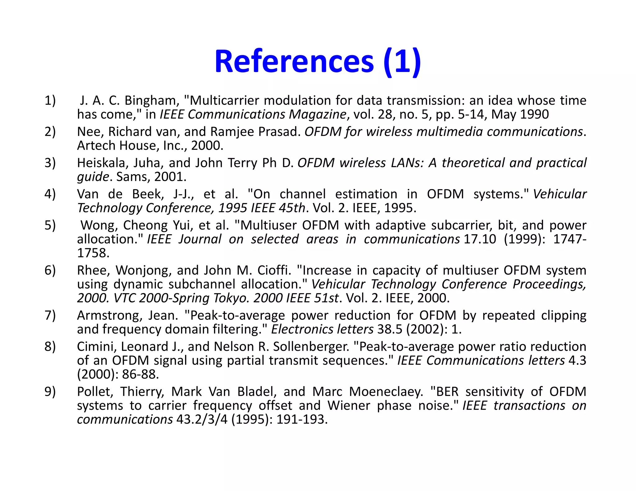 SC-FDMA
• Different users can be assigned different number of subcarrier
(M1, M2, ….)
• Subcarrier allocation  localized (adjacent) or distributed
(Interleaved) 
• eNodeB tells every user its allocation size M and location (indices)
of these subcarriers
• Difference between OFDM and SC-FDMA receivers:• Difference between OFDM and SC-FDMA receivers:
– In OFDM, we get (QAM symbol x Channel after FFT), so
division by channel is Maximum-Likelihood (ML) optimal
– In SC-FDMA, we get (FFT of QAM symbols x Channel after FFT),
so division by channel is NOT ML-optimal
• Subcarriers in OFDM carriers QAM symbols, while in SC-FDMA,
they carry FFT of QAM symbols
• Cyclic prefix is used in both OFDM and SC-FDMA to prevent ICI
and maintain orthogonality among subcarriers
 