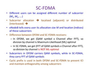 SC-FDMA Transmitters @ Cell phones
QAM
modulation
SerialtoParallel
N-pointIFFT
M-point
FFTM QAM
symbols
M
M
N-M zerosN-M zeros
User 1
Transmitter
AddCyclicprefix
ParalleltoSerial
N N
QAM
modulation
M-point
FFTM QAM
symbols
M
M
N-M zerosN-M zeros
User 2
Transmitter
N-pointIFFT
N
SerialtoParallel
AddCyclicprefix
ParalleltoSerial
N
 