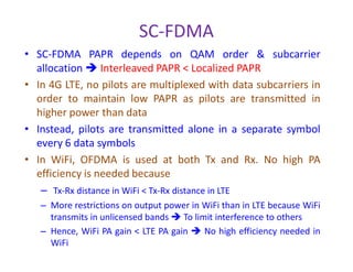SC-FDMA Receiver at eNodeB (Base station)
pointFFT
RemoveCyclicprefix
SerialtoParallel
Select U1
subcarriers
M-pointIFFT
ParalleltoSerialQAM
demod
1,
ˆ
1
UkH MM
User 1 Channel
estimate
To User 1
decoder
N-pointFFT
RemoveCyclicprefix
SerialtoParallel
N N
Select U2
subcarriers
M-pointIFFT
ParalleltoSerial
QAM
demod
Channel estimation
MM 2,
ˆ
1
UkH
User 2 Channel
estimateTo User 2
decoder
 