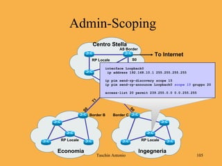 Taschin Antonio 105
T1
S1
S0
T1
S0
S0
Economia Ingegneria
Centro Stella
RP Locale RP Locale
To Internet
RP Locale
Border B Border C
Border A
AS Border
S0
Admin-Scoping
interface Loopback0
ip address 192.168.10.1 255.255.255.255
ip pim send-rp-discovery scope 15
ip pim send-rp-announce Loopback0 scope 15 gruppo 20
access-list 20 permit 239.255.0.0 0.0.255.255
 