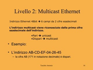 Taschin Antonio 16
Livello 2: Multicast Ethernet
• Esempio:
• L’indirizzo AB-CD-EF-04-26-45
– la cifra AB (171 in notazione decimale) è dispari.
Indirizzo Ethernet 48bit  6 campi da 2 cifre esadecimali
L’indirizzo multicast viene riconosciuto dalla prima cifra
esadecimale dell’indirizzo.
•Pari  unicast
•Dispari  multicast
 
