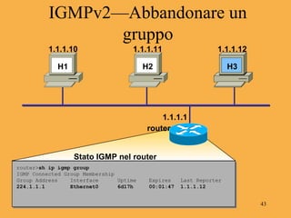 Taschin Antonio 43
IGMPv2—Abbandonare un
gruppo
router>sh ip igmp group
IGMP Connected Group Membership
Group Address Interface Uptime Expires Last Reporter
224.1.1.1 Ethernet0 6d17h 00:01:47 1.1.1.12
1.1.1.1
H1 H2 H3
1.1.1.10 1.1.1.11 1.1.1.12
router
Stato IGMP nel router
 