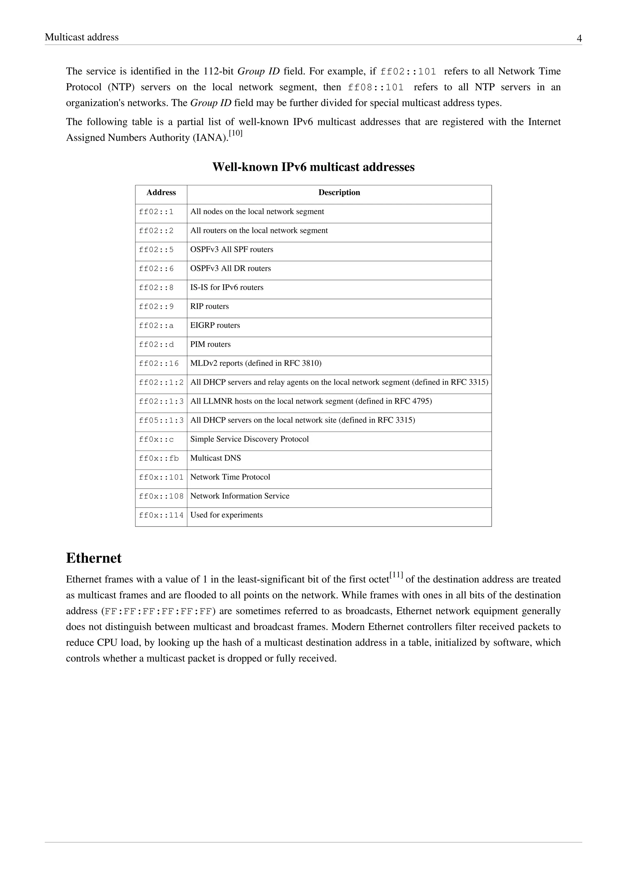 Multicast address 4
The service is identified in the 112-bit Group ID field. For example, if ff02::101 refers to all Network Time
Protocol (NTP) servers on the local network segment, then ff08::101 refers to all NTP servers in an
organization's networks. The Group ID field may be further divided for special multicast address types.
The following table is a partial list of well-known IPv6 multicast addresses that are registered with the Internet
Assigned Numbers Authority (IANA).
[10]
Well-known IPv6 multicast addresses
Address Description
ff02::1 All nodes on the local network segment
ff02::2 All routers on the local network segment
ff02::5 OSPFv3 All SPF routers
ff02::6 OSPFv3 All DR routers
ff02::8 IS-IS for IPv6 routers
ff02::9 RIP routers
ff02::a EIGRP routers
ff02::d PIM routers
ff02::16 MLDv2 reports (defined in RFC 3810)
ff02::1:2 All DHCP servers and relay agents on the local network segment (defined in RFC 3315)
ff02::1:3 All LLMNR hosts on the local network segment (defined in RFC 4795)
ff05::1:3 All DHCP servers on the local network site (defined in RFC 3315)
ff0x::c Simple Service Discovery Protocol
ff0x::fb Multicast DNS
ff0x::101 Network Time Protocol
ff0x::108 Network Information Service
ff0x::114 Used for experiments
Ethernet
Ethernet frames with a value of 1 in the least-significant bit of the first octet
[11]
of the destination address are treated
as multicast frames and are flooded to all points on the network. While frames with ones in all bits of the destination
address (FF:FF:FF:FF:FF:FF) are sometimes referred to as broadcasts, Ethernet network equipment generally
does not distinguish between multicast and broadcast frames. Modern Ethernet controllers filter received packets to
reduce CPU load, by looking up the hash of a multicast destination address in a table, initialized by software, which
controls whether a multicast packet is dropped or fully received.
 