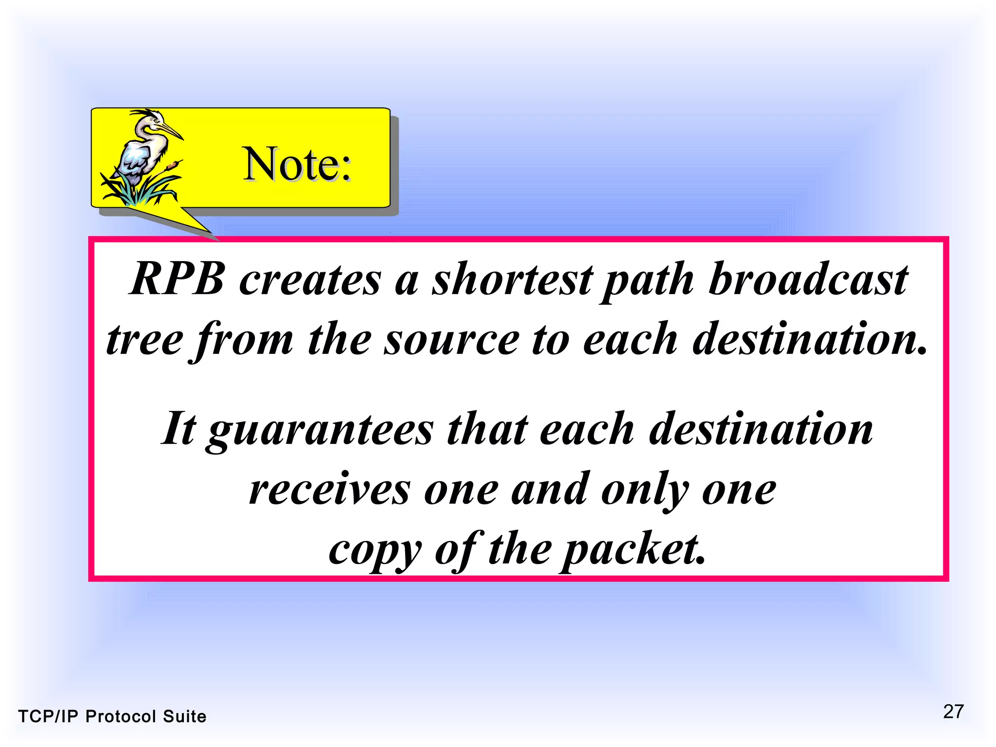 TCP/IP Protocol Suite 27
RPB creates a shortest path broadcast
tree from the source to each destination.
It guarantees that each destination
receives one and only one
copy of the packet.
Note:Note:
 