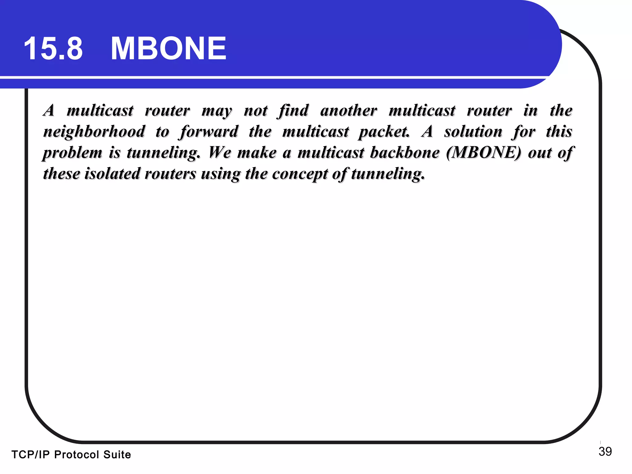 TCP/IP Protocol Suite 39
15.8 MBONE
A multicast router may not find another multicast router in theA multicast router may not find another multicast router in the
neighborhood to forward the multicast packet. A solution for thisneighborhood to forward the multicast packet. A solution for this
problem is tunneling. We make a multicast backbone (MBONE) out ofproblem is tunneling. We make a multicast backbone (MBONE) out of
these isolated routers using the concept of tunneling.these isolated routers using the concept of tunneling.
 
