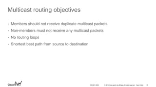 © 2016 Cisco and/or its affiliates. All rights reserved. Cisco Public 24DEVNET-2055
Multicast routing objectives
• Members should not receive duplicate multicast packets
• Non-members must not receive any multicast packets
• No routing loops
• Shortest best path from source to destination
 