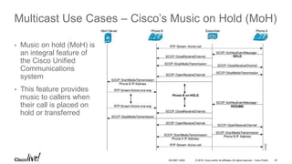 © 2016 Cisco and/or its affiliates. All rights reserved. Cisco Public 43DEVNET-2055
Multicast Use Cases – Cisco’s Music on Hold (MoH)
• Music on hold (MoH) is
an integral feature of
the Cisco Unified
Communications
system
• This feature provides
music to callers when
their call is placed on
hold or transferred
 