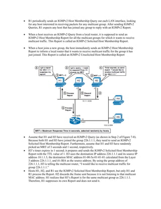  R1 periodically sends an IGMPv2 Host Membership Query out each LAN interface, looking
for any host interested in receiving packets for any multicast group. After sending IGMPv2
Queries, R1 expects any host that has joined any group to reply with an IGMPv2 Report.
 When a host receives an IGMPv2 Query from a local router, it is supposed to send an
IGMPv2 Host Membership Report for all the multicast groups for which it wants to receive
multicast traffic. This Report is called an IGMPv2 Solicited Host Membership Report.
 When a host joins a new group, the host immediately sends an IGMPv2 Host Membership
Report to inform a local router that it wants to receive multicast traffic for the group it has
just joined. This Report is called an IGMPv2 Unsolicited Host Membership Report
 Assume that H1 and H3 have received an IGMPv2 Query (as shown in Step 2 of Figure 7-8).
Because both H1 and H3 have joined the group 226.1.1.1, they need to send an IGMPv2
Solicited Host Membership Report. Furthermore, assume that H1 and H3 have randomly
picked an MRT of 3 seconds and 1 second, respectively.
 H3’s timer expires in 1 second; it prepares and sends the IGMPv2 Solicited Host Membership
Report with the TTL value of 1. H3 uses the destination IP address 226.1.1.1 and its source IP
address 10.1.1.3, the destination MAC address 01-00-5e-01-01-01 calculated from the Layer
3 address 226.1.1.1, and it's BIA as the source address. By using the group address of
226.1.1.1, H3 is telling the multicast router, “I would like to receive multicast traffic for
group 226.1.1.1.”
 Hosts H1, H2, and R1 see the IGMPv2 Solicited Host Membership Report, but only H1 and
R1 process the Report. H2 discards the frame sent because it is not listening to that multicast
MAC address. H1 realizes that H3’s Report is for the same multicast group as 226.1.1.1.
Therefore, H1 suppresses its own Report and does not send it.
 