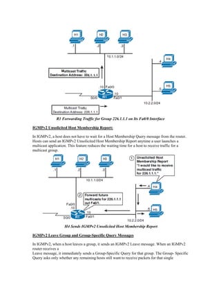 R1 Forwarding Traffic for Group 226.1.1.1 on Its Fa0/0 Interface
IGMPv2 Unsolicited Host Membership Report:
In IGMPv2, a host does not have to wait for a Host Membership Query message from the router.
Hosts can send an IGMPv2 Unsolicited Host Membership Report anytime a user launches a
multicast application. This feature reduces the waiting time for a host to receive traffic for a
multicast group.
H4 Sends IGMPv2 Unsolicited Host Membership Report
IGMPv2 Leave Group and Group-Specific Query Messages
In IGMPv2, when a host leaves a group, it sends an IGMPv2 Leave message. When an IGMPv2
router receives a
Leave message, it immediately sends a Group-Specific Query for that group. The Group- Specific
Query asks only whether any remaining hosts still want to receive packets for that single
 
