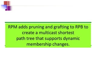 RPM adds pruning and grafting to RPB to
create a multicast shortest
path tree that supports dynamic
membership changes.
 