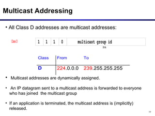Multicast Addressing All Class D addresses are multicast addresses: Multicast addresses are dynamically assigned. An IP datagram sent to a multicast address is forwarded to everyone who has joined  the multicast group If an application is terminated, the multicast address is (implicitly) released. 