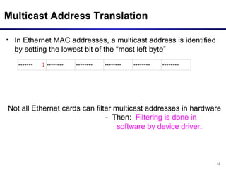 Multicast Address Translation In Ethernet MAC addresses, a multicast address is identified by setting the lowest bit of the “most left byte” Not all Ethernet cards can filter multicast addresses in hardware -  Then:  Filtering is done in  software by device driver. 