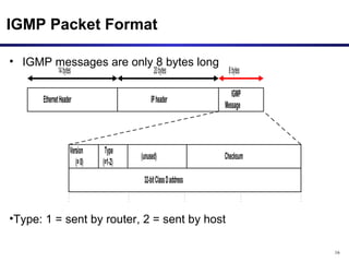 IGMP Packet Format IGMP messages are only 8 bytes long  Type: 1 = sent by router, 2 = sent by host 