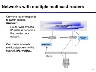 Networks with multiple multicast routers Only one router responds to IGMP queries ( Querier )  Router with smallest IP address becomes the querier on a network.  One router forwards multicast packets to the network ( Forwarder ) .  