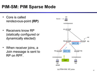 PIM-SM: PIM Sparse Mode Core is called rendezvous-point  (RP) Receivers know RP (statically configured or dynamically elected) When receiver joins, a Join message is sent to RP on RPF. 