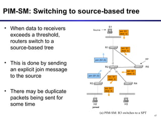 PIM-SM: Switching to source-based tree When data to receivers exceeds a threshold, routers switch to a source-based tree This is done by sending an explicit join message to the source There may be duplicate packets being sent for some time 