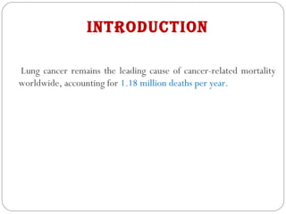 introduction
Lung cancer remains the leading cause of cancer-related mortality
worldwide, accounting for 1.18 million deaths per year.
 