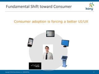 Fundamental Shift toward Consumer


                  Consumer adoption is forcing a better UI/UX




Copyright © 2012 Kony Solutions, Inc. CONFIDENTIAL              17 17
 