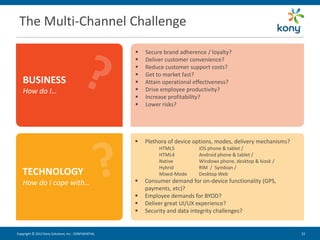 The Multi-Channel Challenge

                                                        Secure brand adherence / loyalty?
                                                        Deliver customer convenience?
                                                        Reduce customer support costs?
                                                        Get to market fast?
   BUSINESS                                             Attain operational effectiveness?
   How do I…                                            Drive employee productivity?
                                                        Increase profitability?
                                                        Lower risks?




                                                        Plethora of device options, modes, delivery mechanisms?
                                                              HTML5          iOS phone & tablet /
                                                              HTML4          Android phone & tablet /
                                                              Native         Windows phone, desktop & kiosk /
                                                              Hybrid         RIM / Symbian /
   TECHNOLOGY                                                 Mixed-Mode     Desktop Web
   How do I cope with…                                  Consumer demand for on-device functionality (GPS,
                                                         payments, etc)?
                                                        Employee demands for BYOD?
                                                        Deliver great UI/UX experience?
                                                        Security and data integrity challenges?


Copyright © 2012 Kony Solutions, Inc. CONFIDENTIAL                                                                 22 22
 
