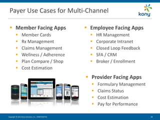 Payer Use Cases for Multi-Channel

  Member Facing Apps                                 Employee Facing Apps
               Member Cards                              HR Management
               Rx Management                             Corporate Intranet
               Claims Management                         Closed Loop Feedback
               Wellness / Adherence                      SFA / CRM
               Plan Compare / Shop                       Broker / Enrollment
               Cost Estimation
                                                      Provider Facing Apps
                                                          Formulary Management
                                                          Claims Status
                                                          Cost Estimation
                                                          Pay for Performance

Copyright © 2012 Kony Solutions, Inc. CONFIDENTIAL                                28 28
 