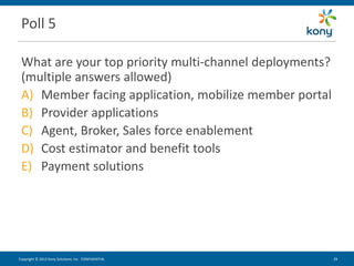 Poll 5

 What are your top priority multi-channel deployments?
 (multiple answers allowed)
 A) Member facing application, mobilize member portal
 B) Provider applications
 C) Agent, Broker, Sales force enablement
 D) Cost estimator and benefit tools
 E) Payment solutions




Copyright © 2012 Kony Solutions, Inc. CONFIDENTIAL       29 29
 
