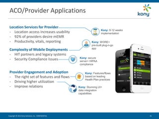 ACO/Provider Applications

 Location Services for Provider
                                                                       Kony: 8-12 weeks
 - Location access increases usability                                 implementation
 - 92% of providers desire mEMR
 - Productivity, vitals, reporting                             Kony: WORE+
                                                               pre-built plug-n-go
                                                               app
 Complexity of Mobile Deployments
 - HIT partners and legacy systems
                                                      Kony: secure
 - Security Compliance Issues                         server+ HIPAA
                                                      compliance


 Provider Engagement and Adoption                         Kony: Features/flows
 - The right set of features and flows                    based on leading
                                                          Health Plan practices
 - Driving higher utilization
 - Improve relations                                 Kony: Stunning UI+
                                                     data integration
                                                     capabilities




Copyright © 2012 Kony Solutions, Inc. CONFIDENTIAL                                        35 35
 