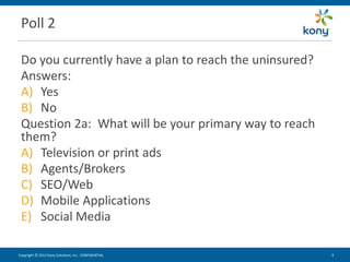 Poll 2

 Do you currently have a plan to reach the uninsured?
 Answers:
 A) Yes
 B) No
 Question 2a: What will be your primary way to reach
 them?
 A) Television or print ads
 B) Agents/Brokers
 C) SEO/Web
 D) Mobile Applications
 E) Social Media

Copyright © 2012 Kony Solutions, Inc. CONFIDENTIAL      9   9
 