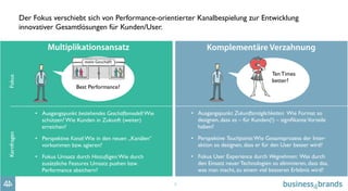 6
Der Fokus verschiebt sich von Performance-orientierter Kanalbespielung zur Entwicklung
innovativer Gesamtlösungen für Kunden/User.
FokusKernfragen
•  Ausgangspunkt bestehendes Geschäftsmodell:Wie
schützen? Wie Kunden in Zukunft (weiter)
erreichen?
•  Perspektive Kanal:Wie in den neuen „Kanälen“
vorkommen bzw. agieren?
•  Fokus Umsatz durch Hinzufügen:Wie durch
zusätzliche Features Umsatz pushen bzw.
Performance absichern?
Best Performance?
•  Ausgangspunkt Zukunftsmöglichkeiten: Wie Format so
designen, dass es – für Kunden(!) – signiﬁkanteVorteile
haben?
•  Perspektive Touchpoints:Wie Gesamtprozess der Inter-
aktion so designen, dass er für den User besser wird?
•  Fokus User Experience durch Wegnehmen: Was durch
den Einsatz neuer Technologien so eliminieren, dass das,
was man macht, zu einem viel besseren Erlebnis wird?
Ten Times
better?
 