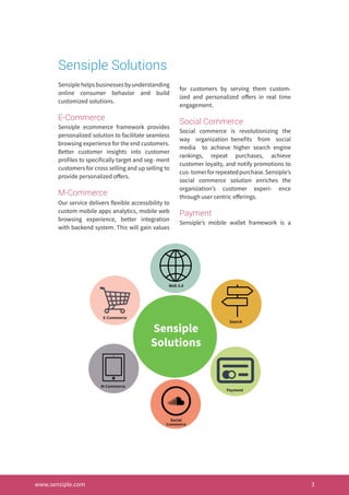 www.sensiple.com 3
Sensiple Solutions
Sensiplehelpsbusinessesbyunderstanding
online consumer behavior and build
customized solutions.
E-Commerce
Sensiple ecommerce framework provides
personalized solution to facilitate seamless
browsing experience for the end customers.
Better customer insights into customer
profiles to specifically target and seg- ment
customers for cross selling and up selling to
provide personalized offers.
M-Commerce
Our service delivers flexible accessibility to
custom mobile apps analytics, mobile web
browsing experience, better integration
with backend system. This will gain values
for customers by serving them custom-
ized and personalized offers in real time
engagement.
Social Commerce
Social commerce is revolutionizing the
way organization benefits from social
media to achieve higher search engine
rankings, repeat purchases, achieve
customer loyalty, and notify promotions to
cus-tomerforrepeatedpurchase.Sensiple’s
social commerce solution enriches the
organization’s customer experi- ence
through user centric offerings.
Payment
Sensiple’s mobile wallet framework is a
Web 3.0
Search
Payment
Social
Commerce
M-Commerce
E-Commerce
Sensiple
Solutions
 