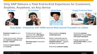 ©2014 SAP AG. All rights reserved. 
25 
Customer 
Sell Better 
React quickly to changing market dynamics Deliver contextually relevant campaigns and programs to a targeted audience – “target to the signal, not the noise” Build sticky customer loyalty 
Customer insights at your finger tips Timely and accurate decisions with real-time customer and product analysis Positively impact pipeline, and revenue 
Provide service reps and customers with a 360 degree view across all channels to exceed customer expectations 
One-stop shop for all service requests 
Only SAP Delivers a Total End-to-End Experience for Customers, Anytime, Anywhere, on Any device 
Service Better 
Market Better 
Engage Customers Better 
Enrich the customer experience through mobile and social interaction 
Engage customers with personalized offers across all channels 
Build Better - Powered by SAP HANA and the Multi-channel Foundation for Utilities 