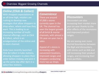 Overview: Biggest Growing Channels
www.evolution-insights.com
Online (Click & Collect)
With shoppers expectations at
an all time high, retailers are
rushing to develop new
strategies that allow shoppers to
shop when, where and how they
want. This is leading to an
increasing number of multi-
channel offerings, such as Click
& Collect, which is an
amalgamation of the online and
in-store channel.
Asda have recently launched
Click & Collect in tube stations,
allowing shoppers to place their
order before midday, and pick it
up the same day after 4pm in a
select few stations.
Convenience
There are around
47,000 c-stores
currently open in the
UK. The channel has
seen the largest growth
of all brick & mortar
channels, with almost a
5% year-on-year rise in
sales.
Appeal of c-stores is
increasing with
convenient locations,
improved ranges and
shoppers conducting
more top up shops.
Discounters
Discounters are also
increasing their market share
year-on-year thanks to the
after effects of the recessions
and improved product
ranges.
We are seeing ever more
blurred boundaries between
the Big4 and discounters,
with stores such as Aldi and
Lidl increasing their product
ranges, and increasing their
store portfolio.
 