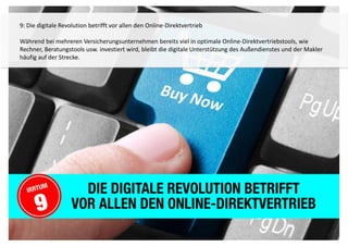 9: Die digitale Revolution betrifft vor allen den Online-Direktvertrieb 
Während bei mehreren Versicherungsunternehmen bereits viel in optimale Online-Direktvertriebstools, wie 
Rechner, Beratungstools usw. investiert wird, bleibt die digitale Unterstützung des Außendienstes und der Makler 
häufig auf der Strecke. 
 