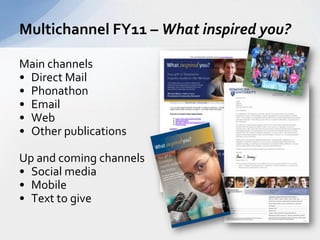 Multichannel FY11 – What inspired you?

Main channels
• Direct Mail
• Phonathon
• Email
• Web
• Other publications

Up and...