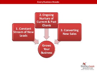 Every Business Needs:
Grows
Your
Business
1. Constant
Stream of New
Leads
2. Ongoing
Nurture of
Current & Past
Clients
3. Converting
New Sales
 