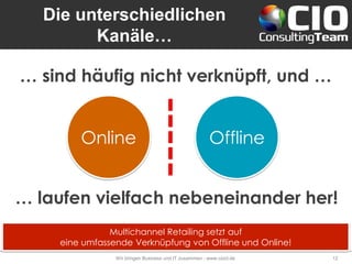 Die unterschiedlichen
Kanäle…
Wir bringen Business und IT zusammen - www.cioct.de 12
Multichannel Retailing setzt auf
eine umfassende Verknüpfung von Offline und Online!
… laufen vielfach nebeneinander her!
… sind häufig nicht verknüpft, und …
Online Offline
 