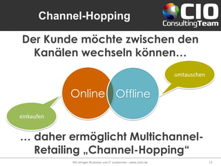 Channel-Hopping
Wir bringen Business und IT zusammen - www.cioct.de 13
… daher ermöglicht Multichannel-
Retailing „Channel-Hopping“
Der Kunde möchte zwischen den
Kanälen wechseln können…
Online Offline
umtauschen
einkaufen
 