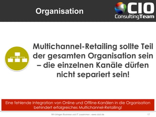 Organisation
Wir bringen Business und IT zusammen - www.cioct.de 17
Multichannel-Retailing sollte Teil
der gesamten Organisation sein
– die einzelnen Kanäle dürfen
nicht separiert sein!
Eine fehlende Integration von Online und Offline-Kanälen in die Organisation
behindert erfolgreiches Multichannel-Retailing!
 